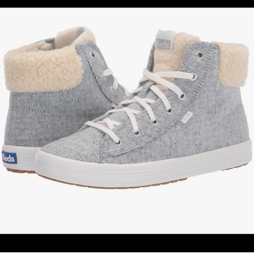 Womens Keds Kickstart Hi Trx Brushed Denim Sherling Sneakers, size 10